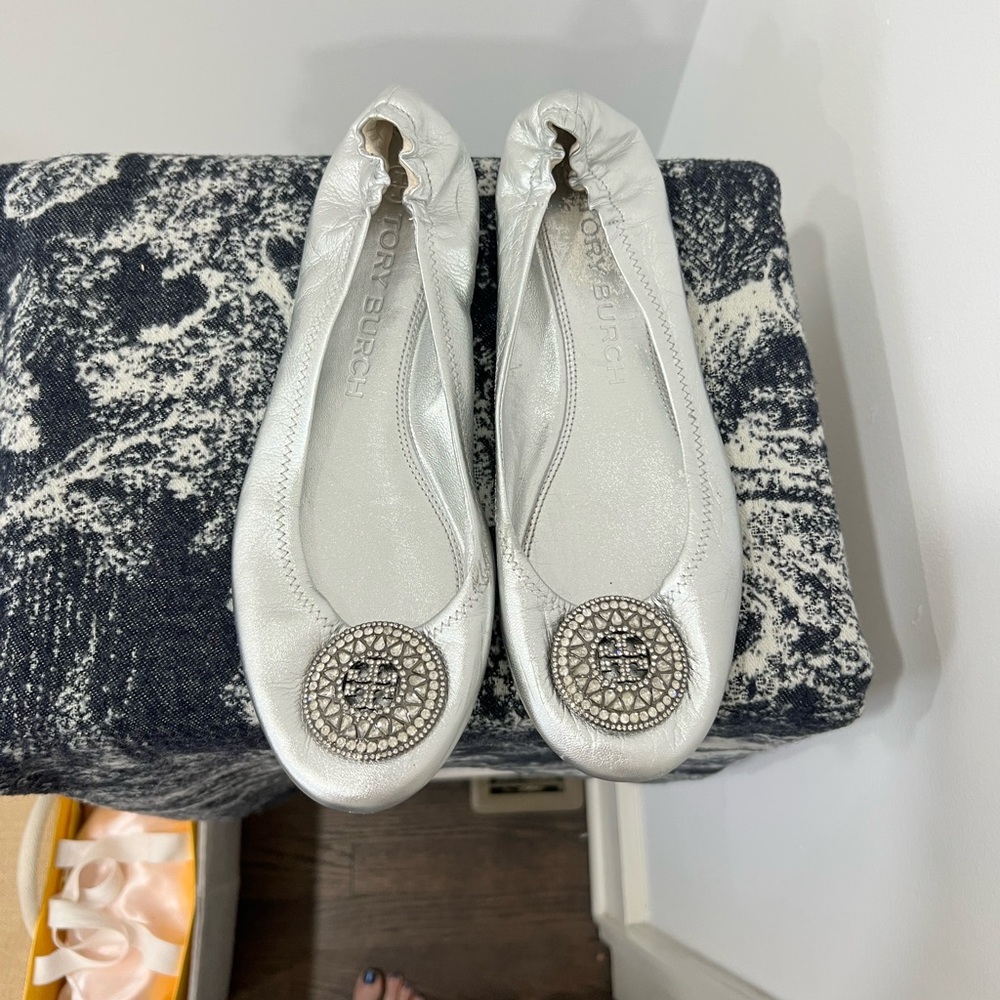 Tory Burch Silver Flats with Medallion Detail